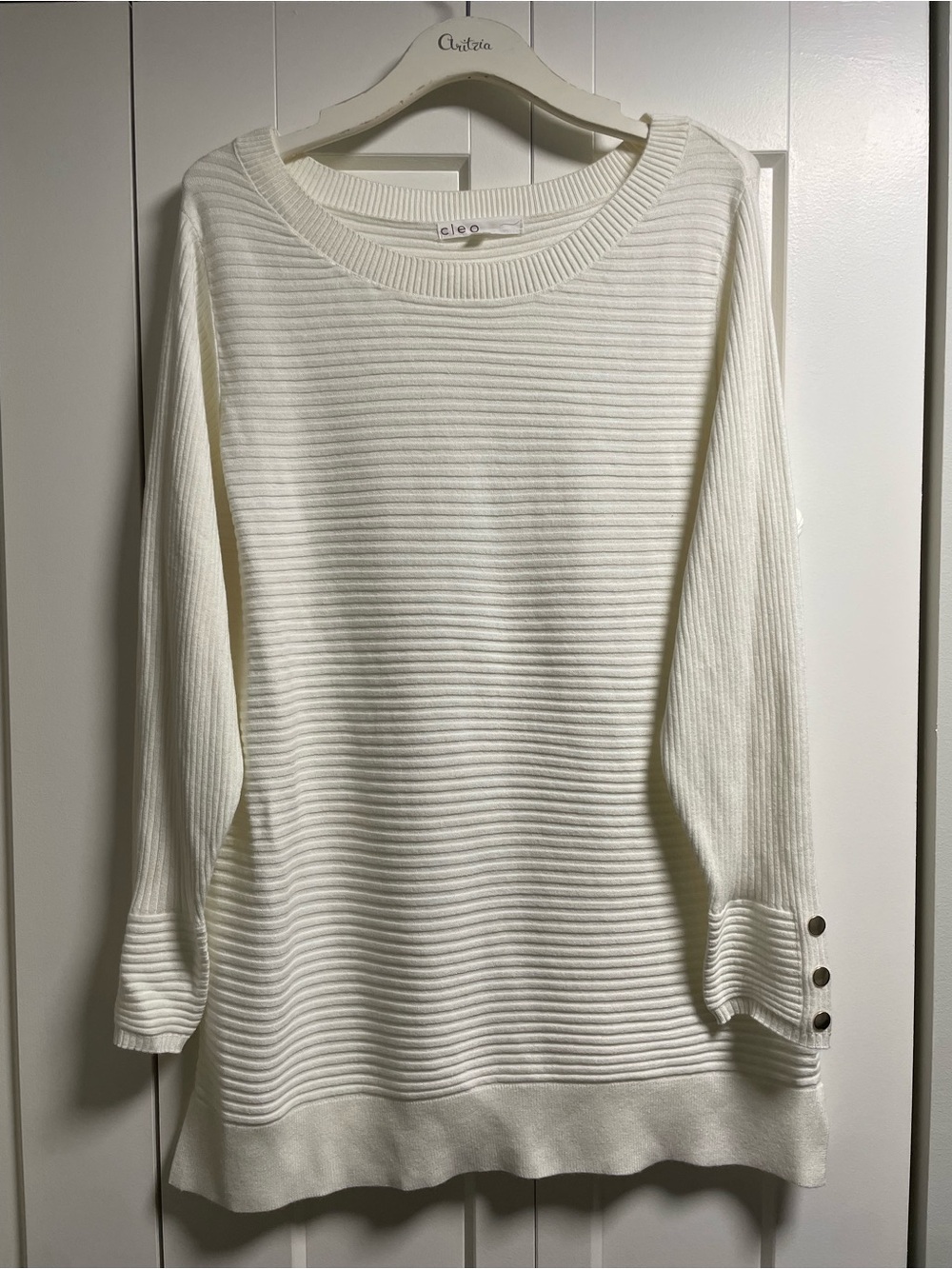 Cleo Ribbed Long Sleeve Tunic Sweater with Button Cuffs White Longline Long XL